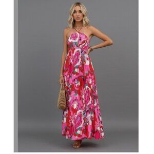 Floral Print Pleated Hem Shirred Halter Neck Dress